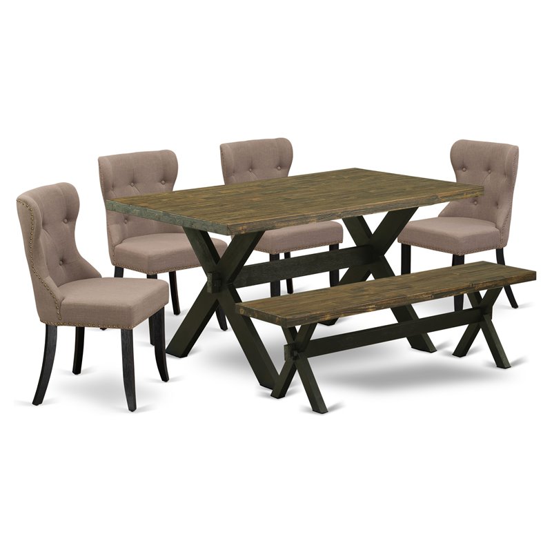 Pemberly Row 6-Piece Wood Dining Set with Linen Seats in Black/Coffee