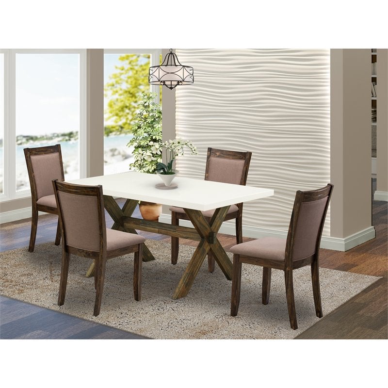 Pemberly Row 5-Piece Wood Dining Set with Linen Chairs in Coffee/White