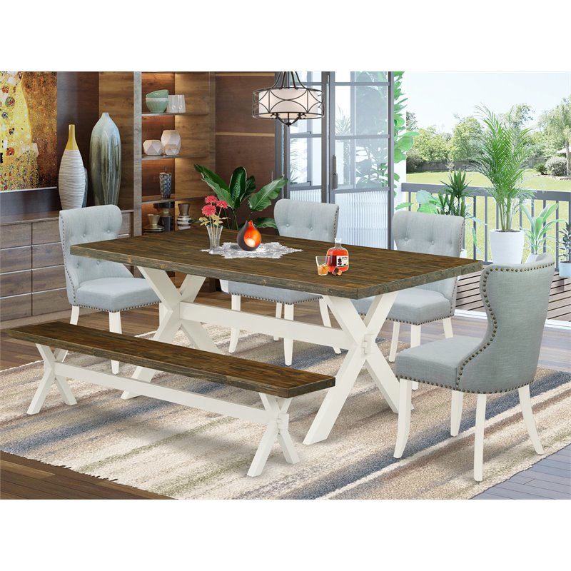 Pemberly Row 6-Piece Wooden Kitchen Set with Bench in Linen White