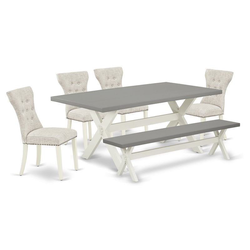 Pemberly Row 6-Piece Dining Table Set with Bench in White with Cement