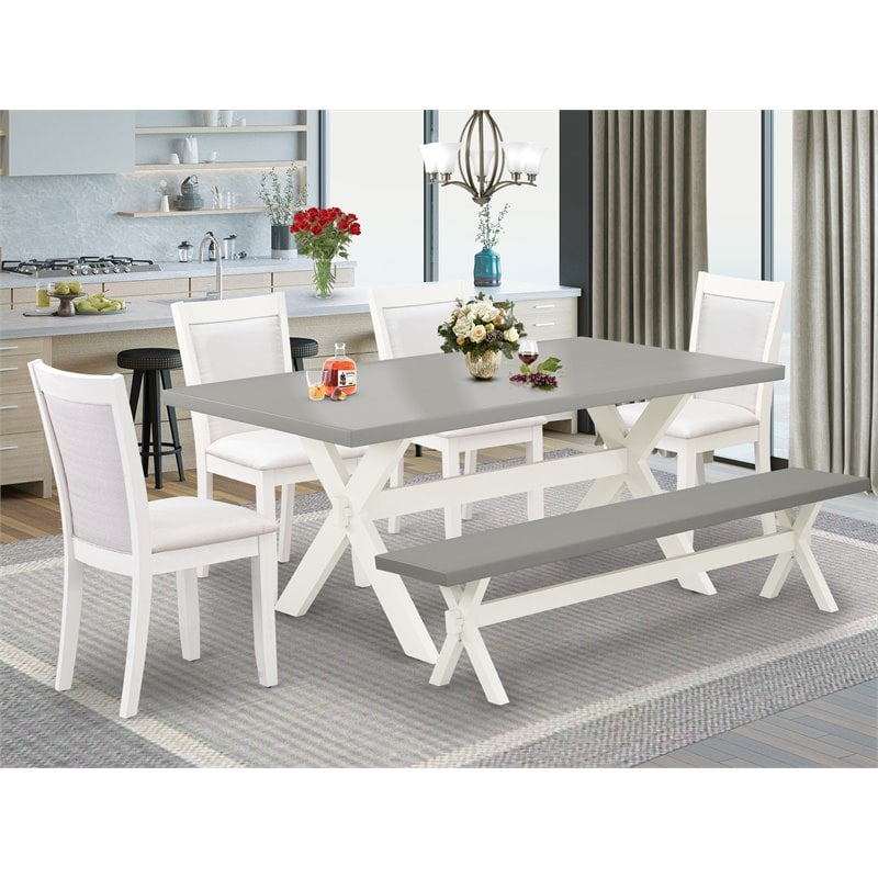 Pemberly Row 6-Piece Wood Dining Set with Bench & Cream Chairs
