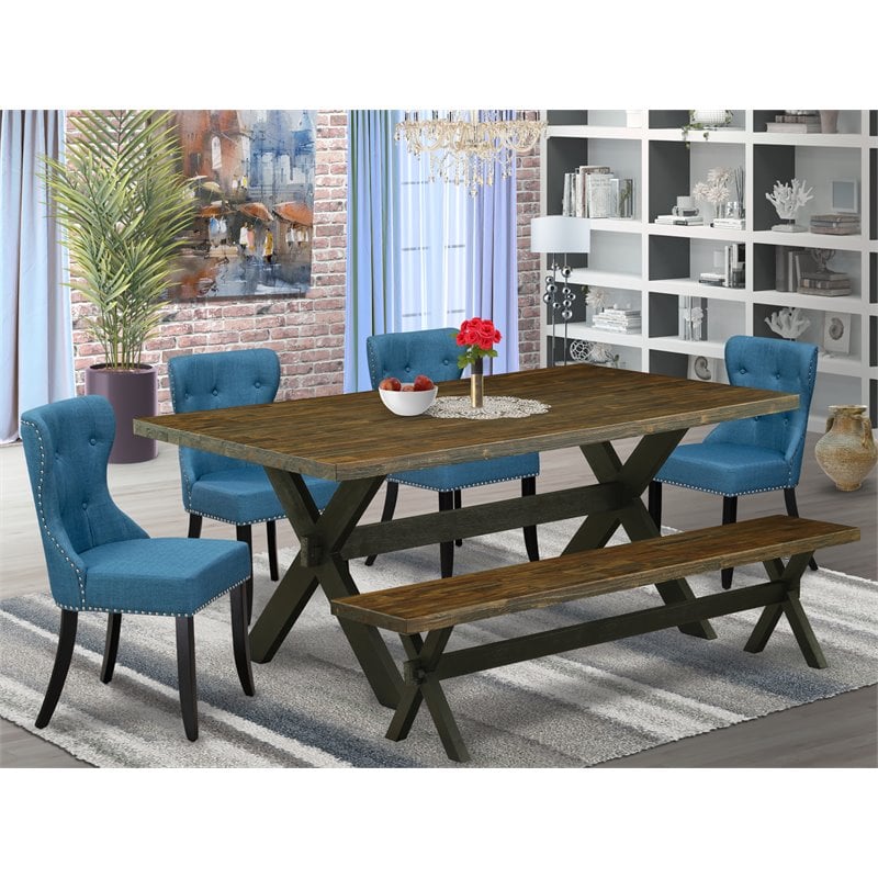 Pemberly Row 6-Piece Wood Dining Set with Bench in Jacobean & Black
