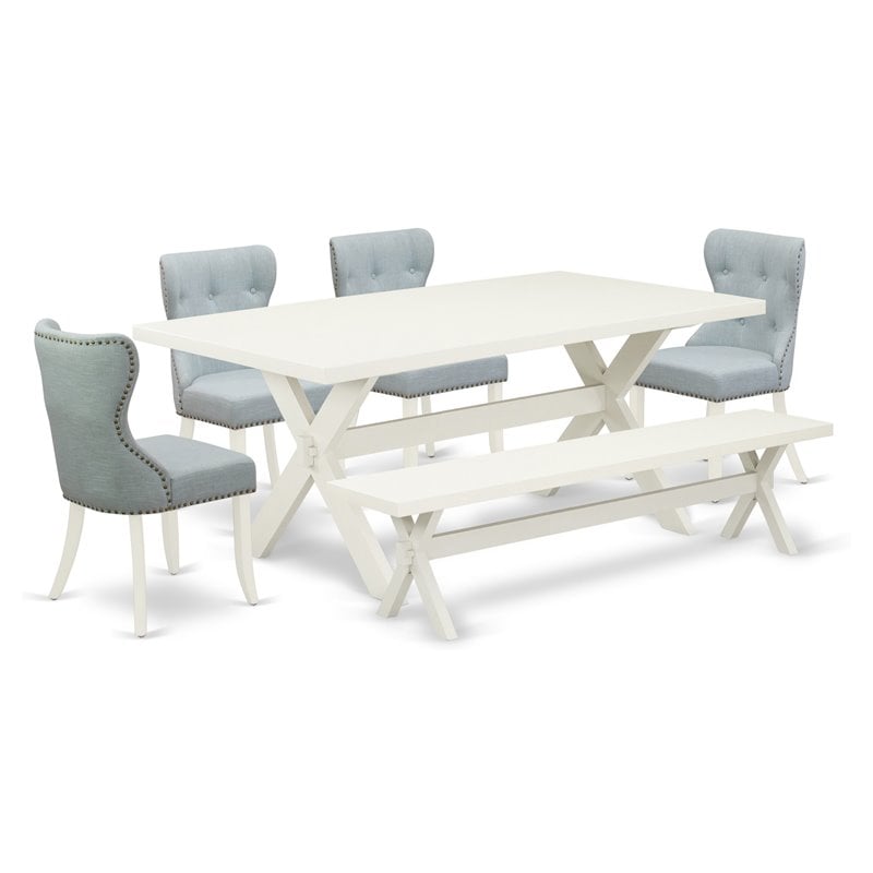 Pemberly Row 6-pc Wood Dining Set with Bench in White and Baby Blue