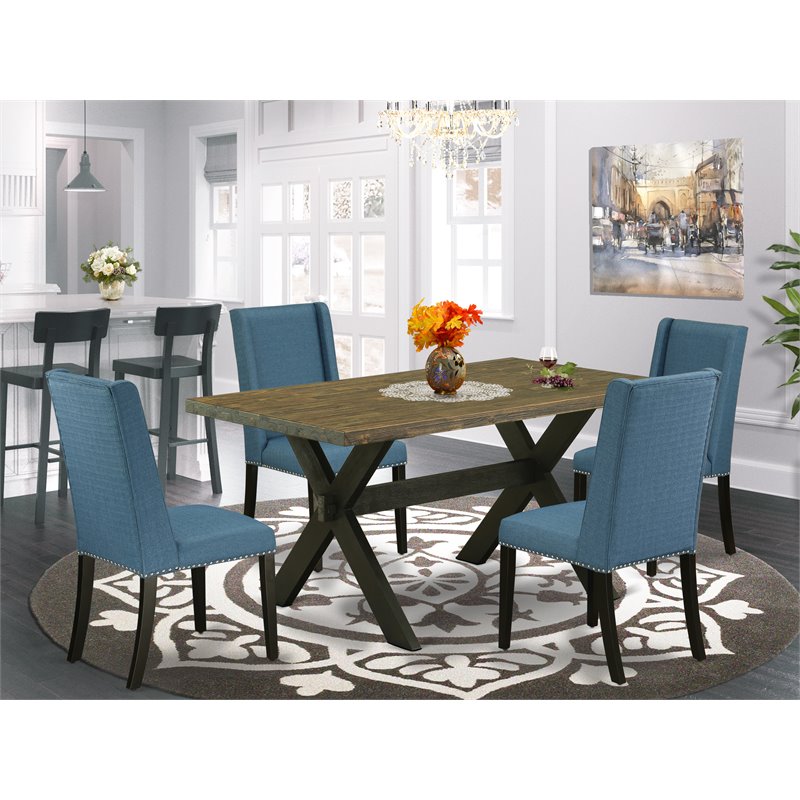 Pemberly Row 5-pc Wood Dining Set in Black Finish with Mineral Blue Chairs