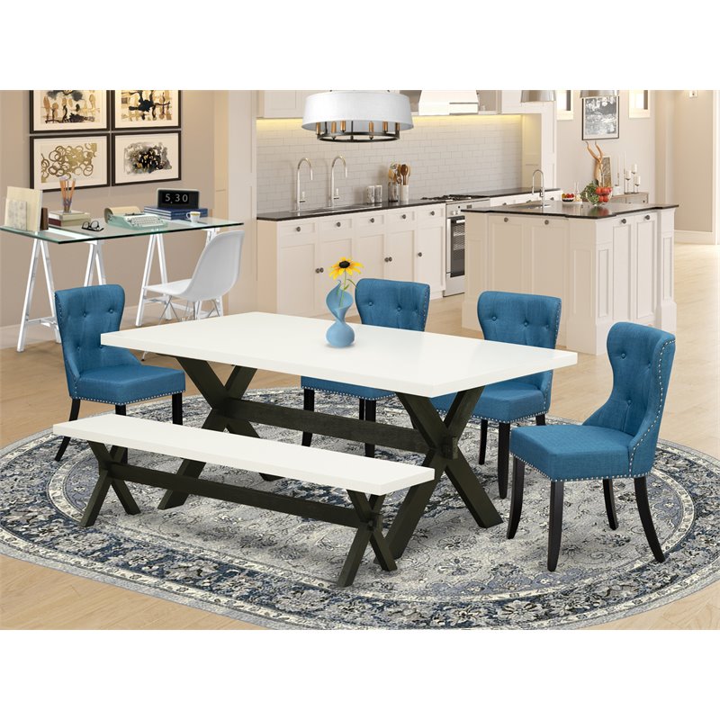 Pemberly Row 6-Pc Dining Table Set with Linen Fabric Seats in White/Black