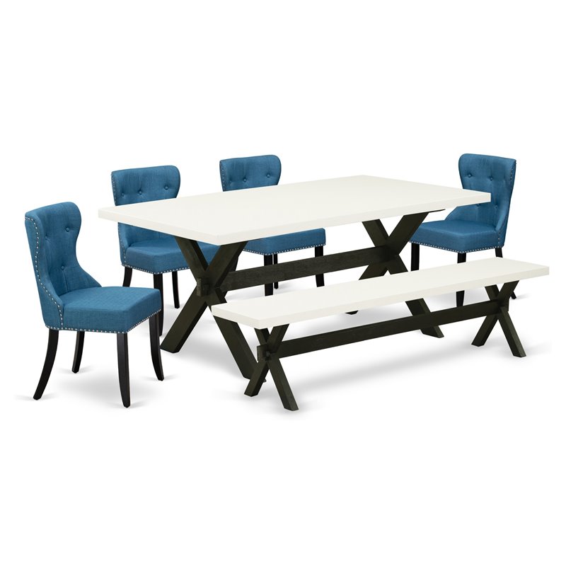 Pemberly Row 6-Pc Dining Table Set with Linen Fabric Seats in White/Black