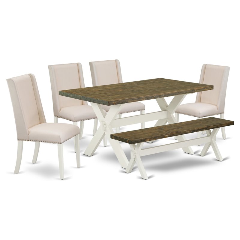 Pemberly Row 6-Piece Dining Table Set Cream Linen Jacobean Finish