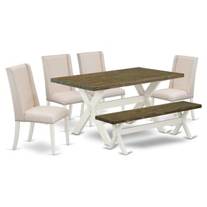 Pemberly Row 6-Piece Dining Table Set Cream Linen Jacobean Finish