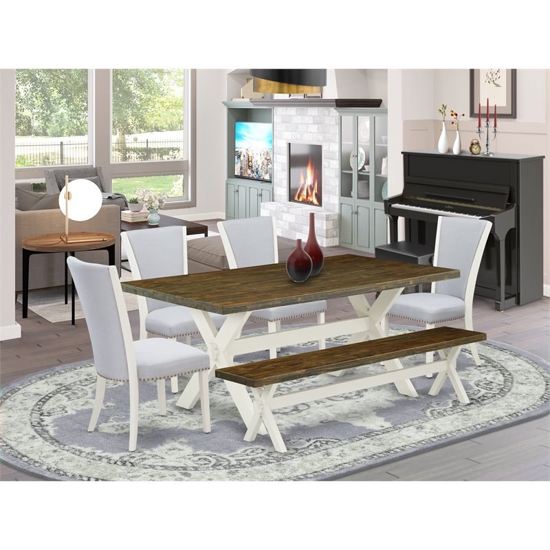 Pemberly Row 6-Piece Wood Dining Set with Fabric Chairs in White Finish