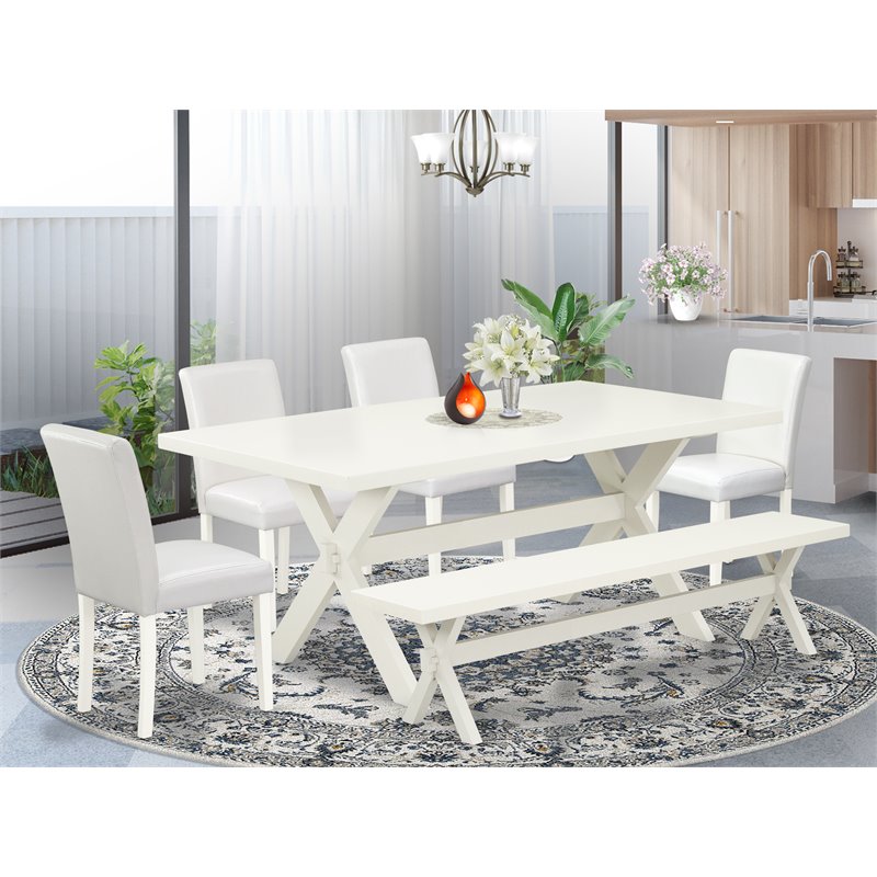 Pemberly Row 6-Piece Dining Table Set with Linen Chairs in White Finish