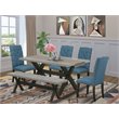 Pemberly Row 6-Piece Dining Set with Wood Table & Bench in Mineral Blue