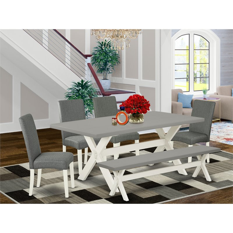 Pemberly Row 6-Piece Wood Dining Set with Bench and Fabric Seats