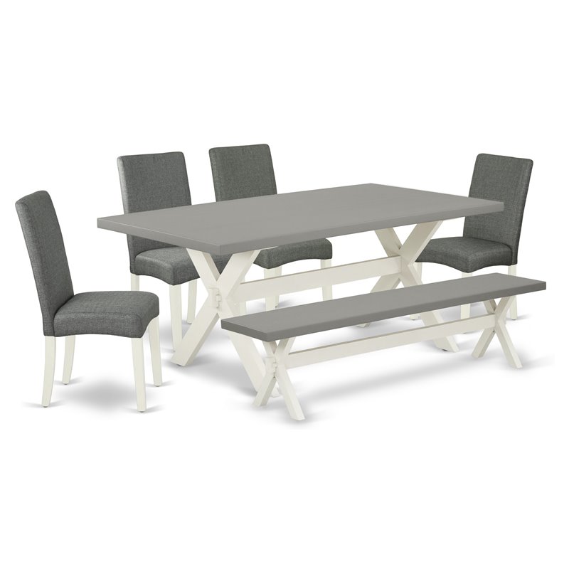 Pemberly Row 6-Piece Wood Dining Set with Bench and Fabric Seats
