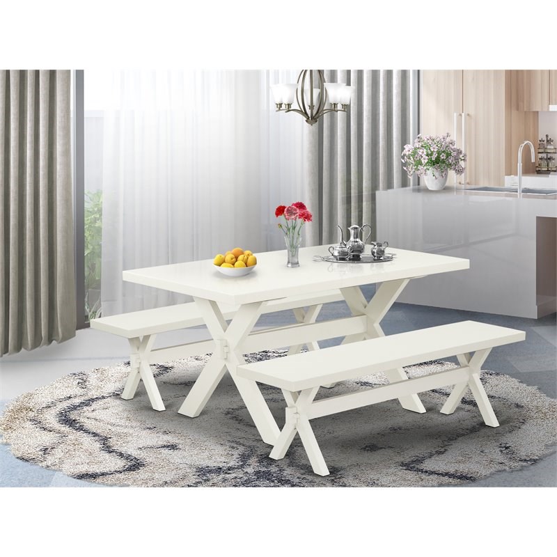 Pemberly Row 3-Piece Wood Dining Set with Benches in Linen White Finish