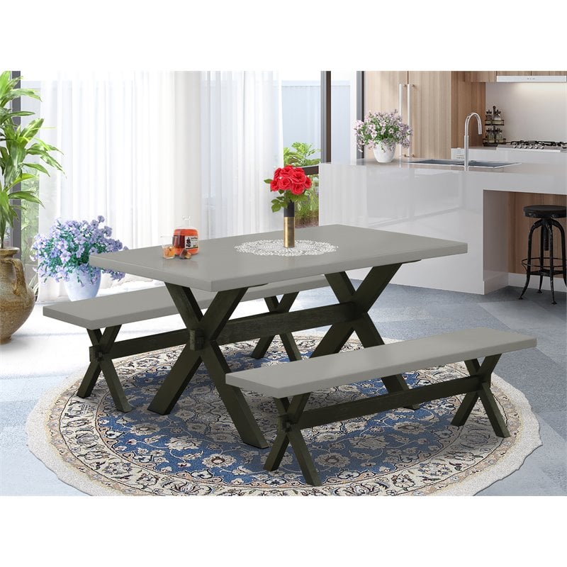 Pemberly Row 3-Piece Dining Table and Bench Set in Cement and Black Finish