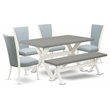 Pemberly Row 6-Pc Wood Dining Set with Bench in Baby Blue Linen White