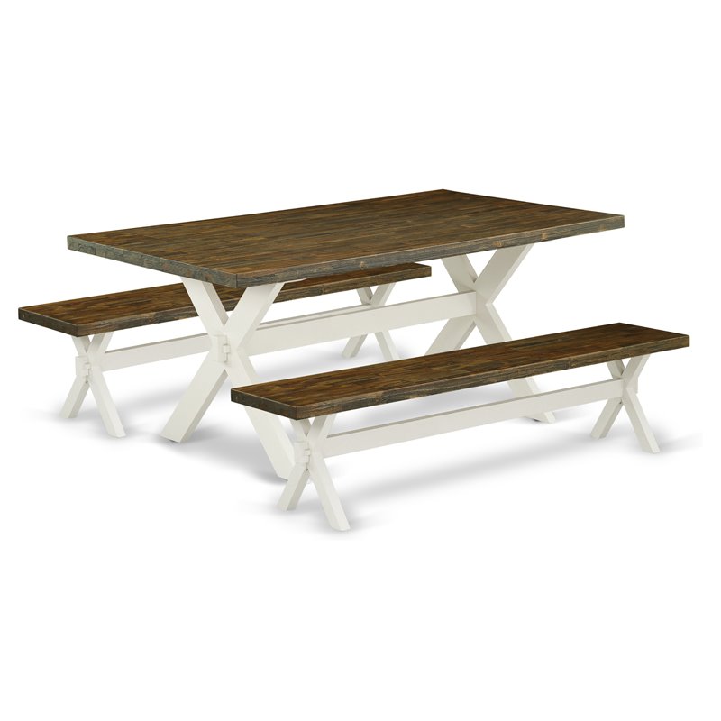 Pemberly Row 3-Piece Wood Dining Set with Benches in Linen White