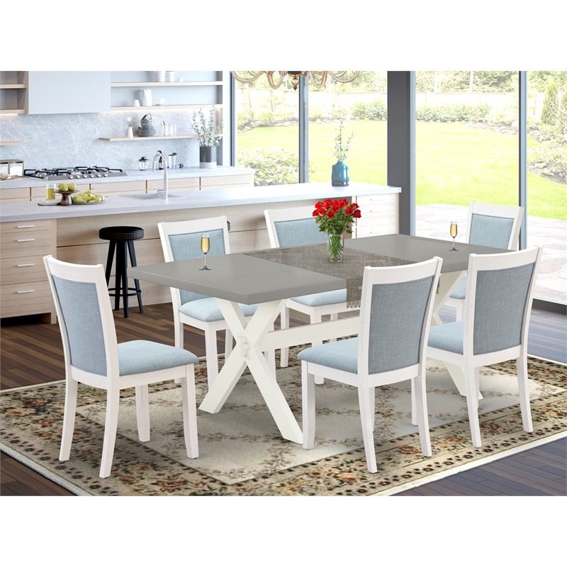 Pemberly Row 7-Piece Dining Set with Cement/White Table and Blue Chairs