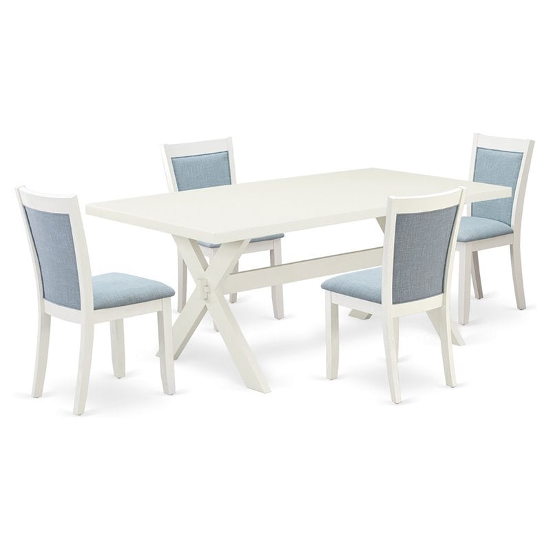 Pemberly Row 5-Piece Dining Set with Linen White Table and Blue Chairs