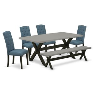 Pemberly Row 6-Piece Dining Set in Blue with Linen Fabric Chairs and Bench