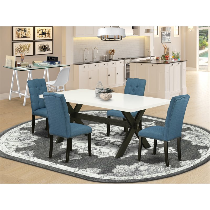 Pemberly Row 5-Piece Asian Wood Dining Set in Black and Mineral Blue