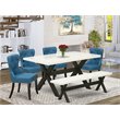 Pemberly Row 6-Piece Wood Dining Set with Blue Linen Upholstery