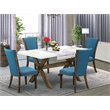 Pemberly Row 5-Piece Wood Dining Set with Blue Linen Upholstered Chairs