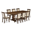 Pemberly Row 9-Pc Wooden Dining Set with Linen Fabric Chairs in Walnut