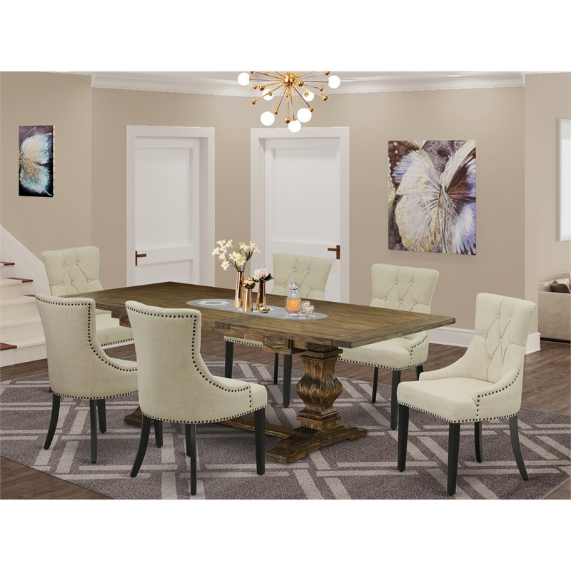 Pemberly Row 7-Piece Dining Set in Distressed Jacobean with Beige Chairs