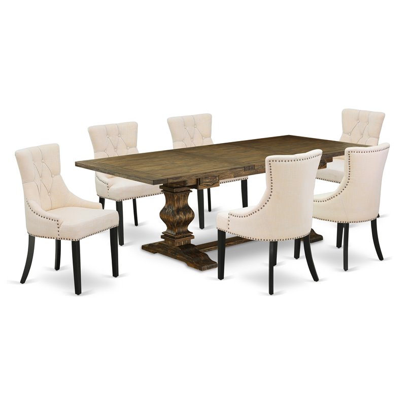 Pemberly Row 7-Piece Dining Set in Distressed Jacobean with Beige Chairs