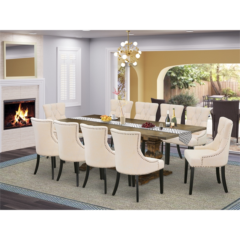 Pemberly Row 11-Piece Dining Set with Light Beige Chairs in Jacobean Finish