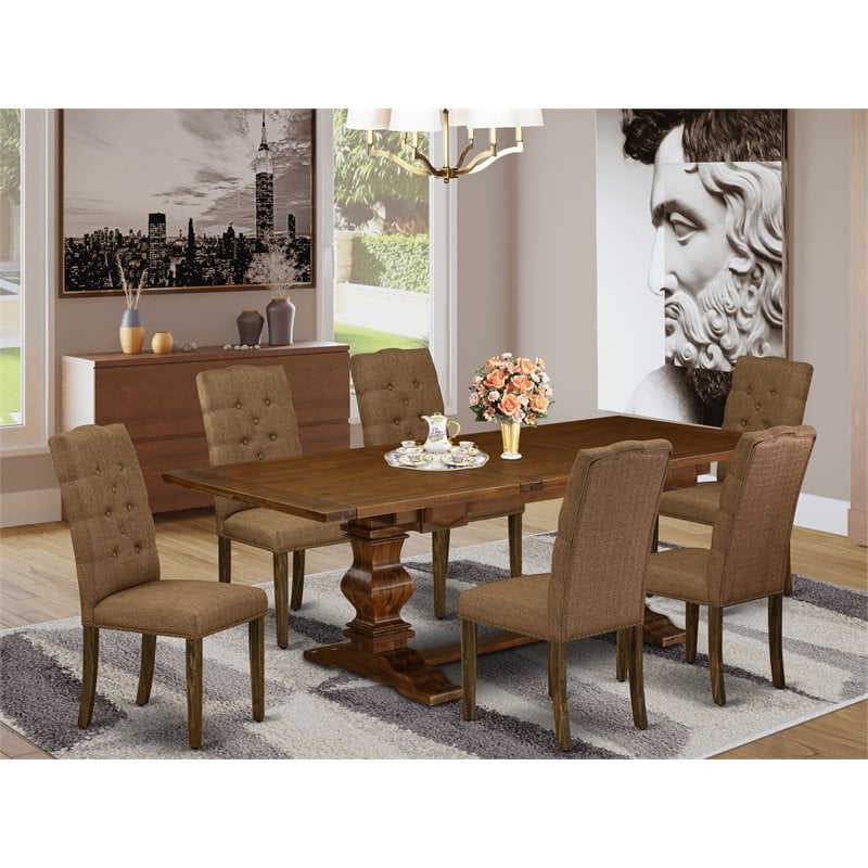 Pemberly Row 7-Pc Walnut Dining Set with Comfortable Brown Beige Chairs