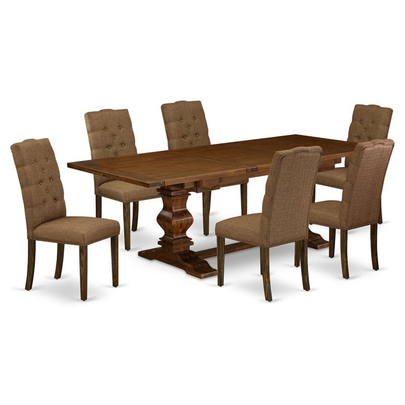 Pemberly Row 7-Pc Walnut Dining Set with Comfortable Brown Beige Chairs