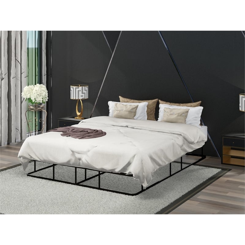 Pemberly Row Metal Queen Bed Frame with Powder-Coated Headboard in Black