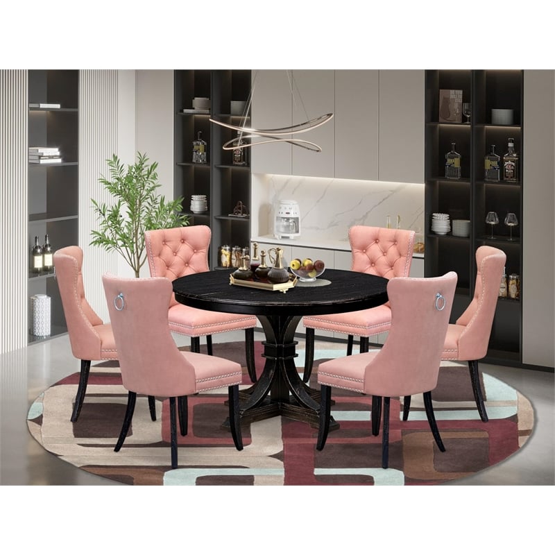 Pemberly Row 7-Piece Round Dining Set with Pedestal Table in Black