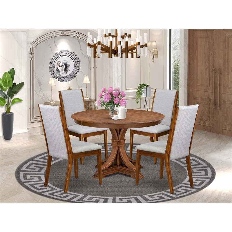 Pemberly Row 5-Piece Rubber Wood Dining Set in Walnut with Grey Chairs