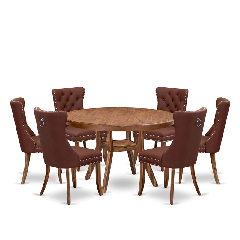 Pemberly Row 7-Piece Wood Dining Set with Walnut Table and Burgundy Chairs