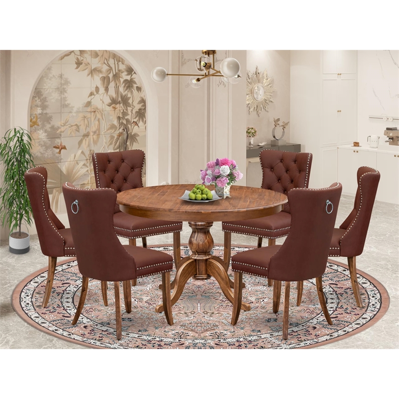 Pemberly Row 7-Piece Mid Century Rubberwood Dining Set in Walnut Finish