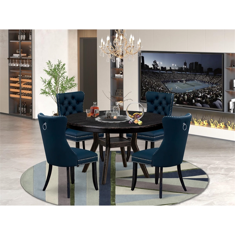 Pemberly Row 5 Piece Round Dining Set in Sand-Blasted Black Wood