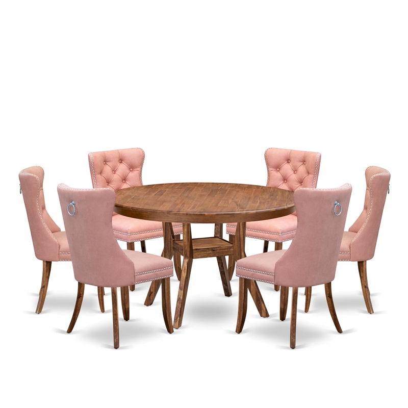 Pemberly Row 7-Piece Dining Set in Walnut Wood with Faux Leather Chairs