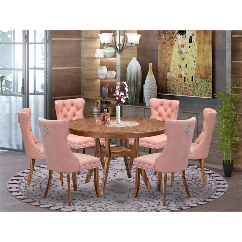 Pemberly Row 7-Piece Dining Set in Walnut Wood with Faux Leather Chairs