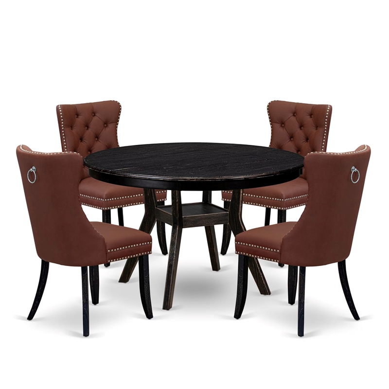 Pemberly Row 5-Piece Round Dining Set in Black with Faux Leather Chairs