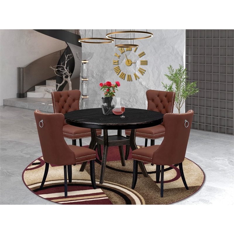 Pemberly Row 5-Piece Round Dining Set in Black with Faux Leather Chairs