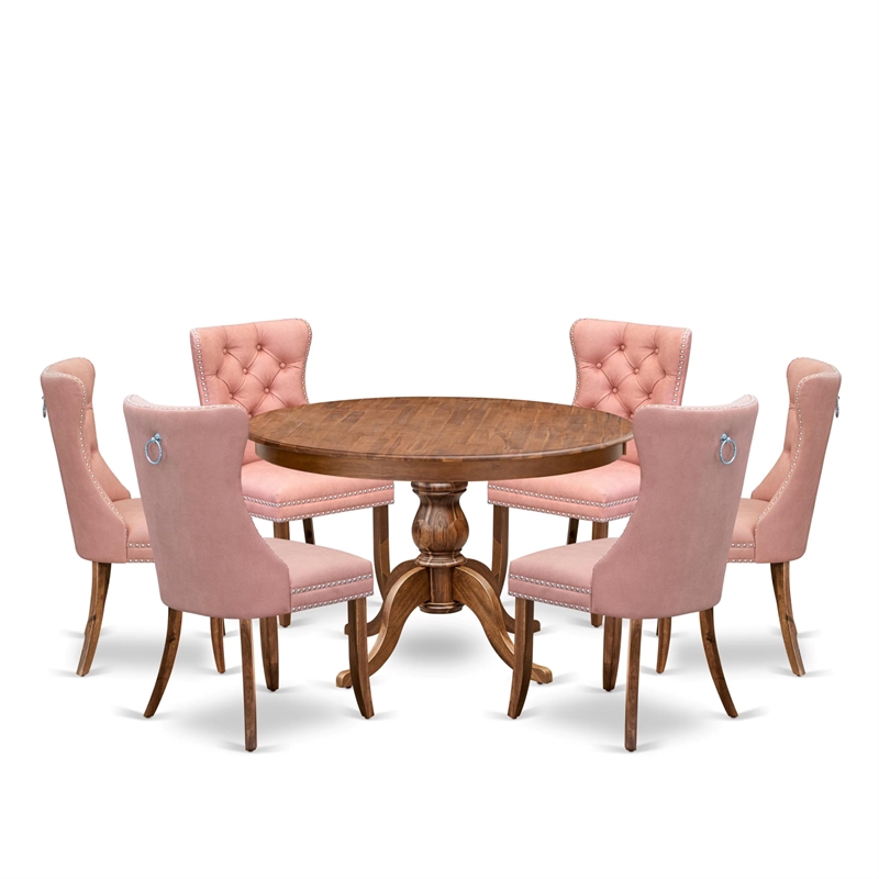 Pemberly Row 7-Piece Dining Table Set in Walnut Wood and Beige Faux Leather