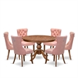 Pemberly Row 7-Piece Dining Table Set in Walnut Wood and Beige Faux Leather