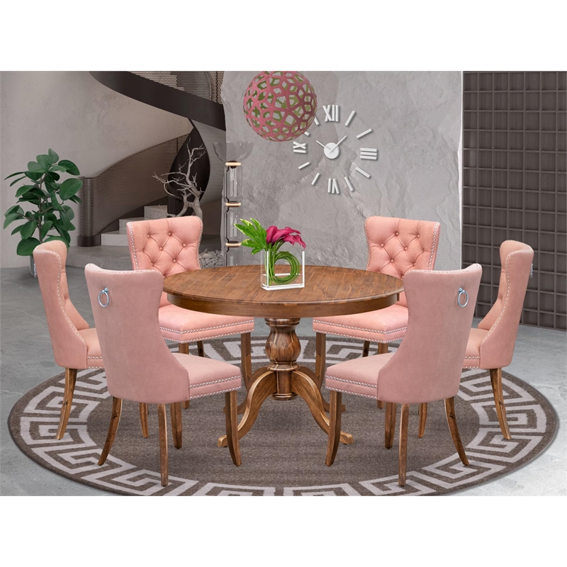 Pemberly Row 7-Piece Dining Table Set in Walnut Wood and Beige Faux Leather