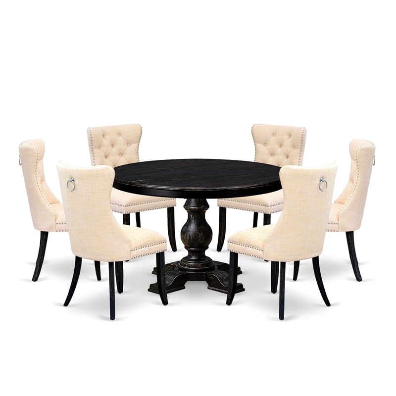 Pemberly Row 7-Piece Acacia Dining Set with Round Table in Black Finish