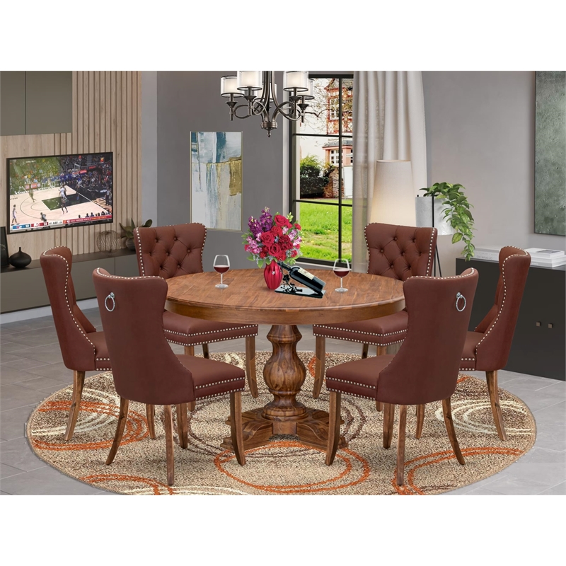 Pemberly Row 7-Piece Kitchen Table Set with Faux Leather Chairs in Walnut