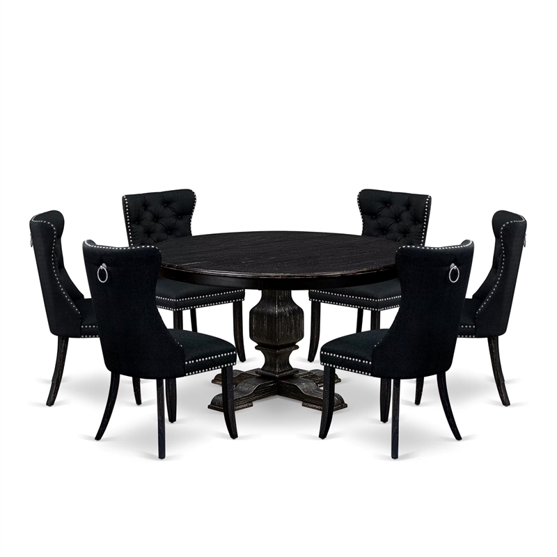 Pemberly Row 7-Piece Round Dining Set in Black Linen Upholstery