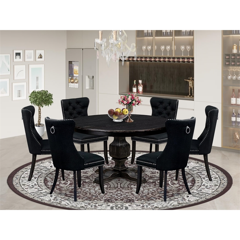 Pemberly Row 7-Piece Round Dining Set in Black Linen Upholstery